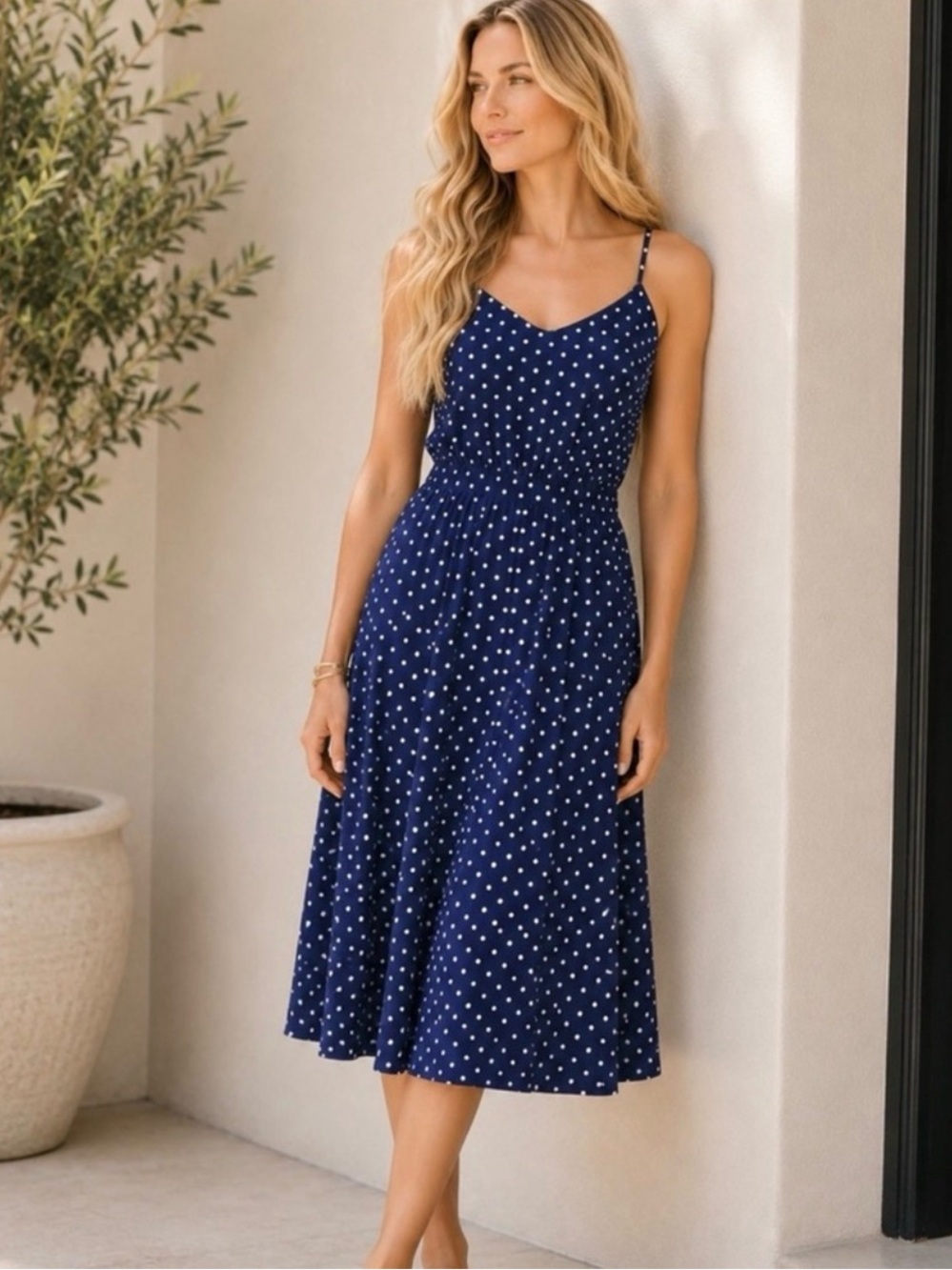 J. Crew Navy Blue Polka Dot 100% Silk Midi Dress SZ 4 Relaxed Fit Coquette - Picture 1 of 14